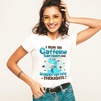 Alternative view of I Run On Caffeine Sarcasm And Inappropriate Thoughts Shirt - Funny Dinosaur Shirt - Coffee Lover Shirt