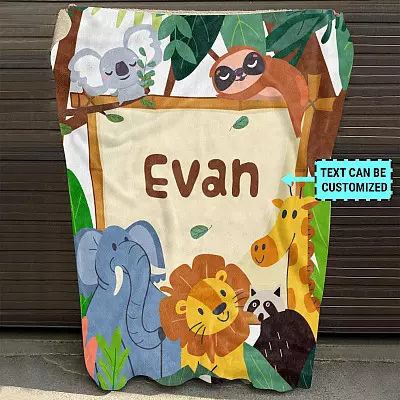 Personalized Safari Jungle Animals Fleece Blanket - Baby Blanket With Name - Gift For Newborn Baby