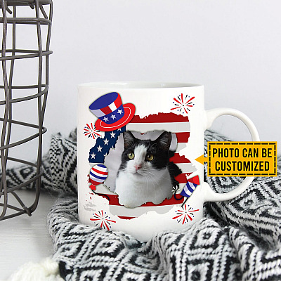 Alternative view of Personalized Photo Cat Happy 4th Of July American Ceramic Coffee Mug - Beer Stein - Water Bottle