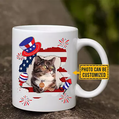Personalized Photo Cat Happy 4th Of July American Ceramic Coffee Mug - Beer Stein - Water Bottle