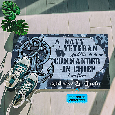 Personalized A Navy Veteran And His Commander-In-Chief Live Here House Doormat - Outdoor Indoor Doormat