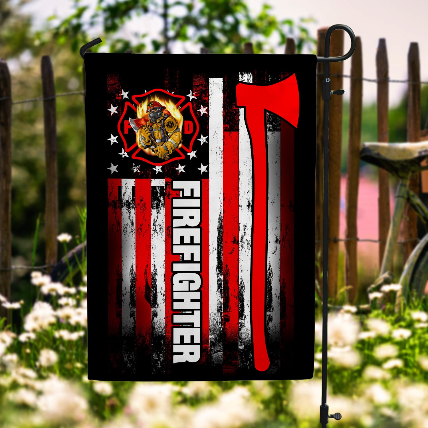 5UT. Red Firefighter-flag Garden Flag Mockup 6