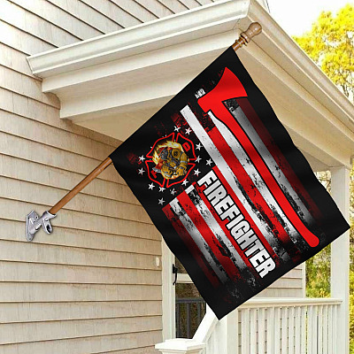 Alternative view of American Firefighter Thin Red Line Outdoor Garden Flag - House Flag