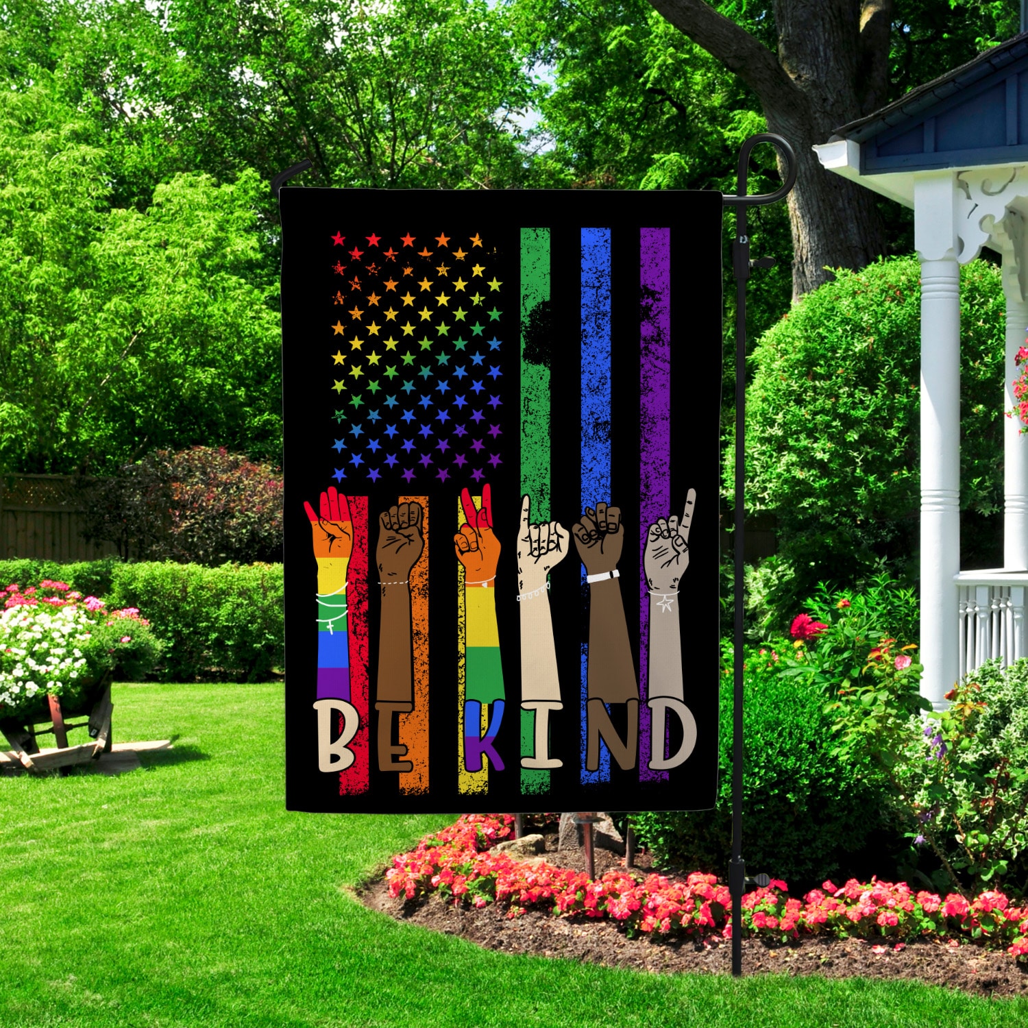 3VT. Be Kind LGBT Flag Garden Flag Mockup 2