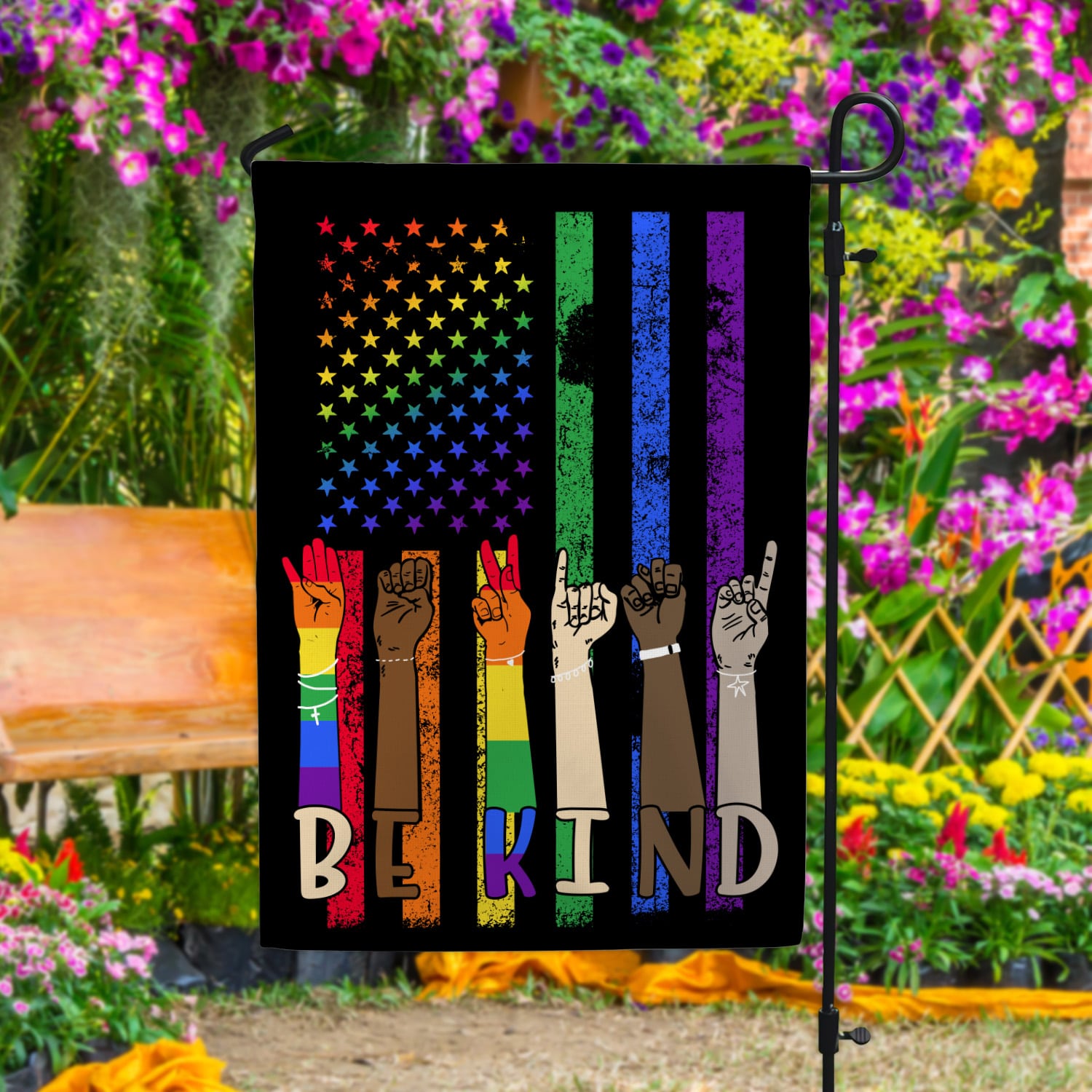 3VT. Be Kind LGBT Flag Garden Flag Mockup 4