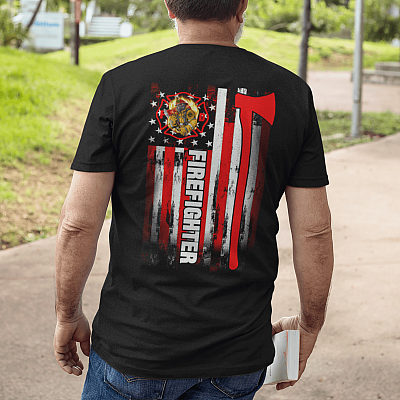 Alternative view of American Flag Firefighter Print On Back Only - Plain Front T-Shirt -  Firefighter Thin Red Line Shirt
