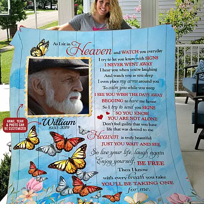 Custom Photo as I Sit in Heaven in Loving Memory Fleece Blanket - Premium Sherpa Blanket - Woven Blanket