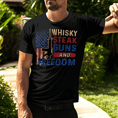 Alternative view of Whisky Steak Gun And Freedom American Flag T-shirt - Funny BBQ Grilling Drinking Shirt