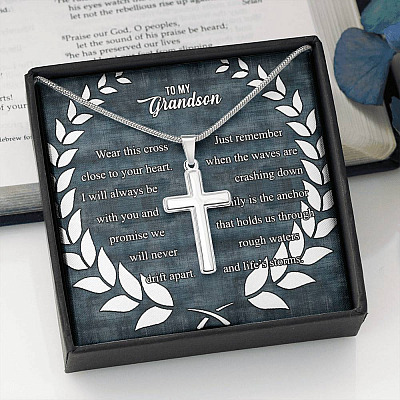 To My Grandson Wear This Cross Close to Your Heart I Will Always Be With You Artisan Crafted Cross Necklace