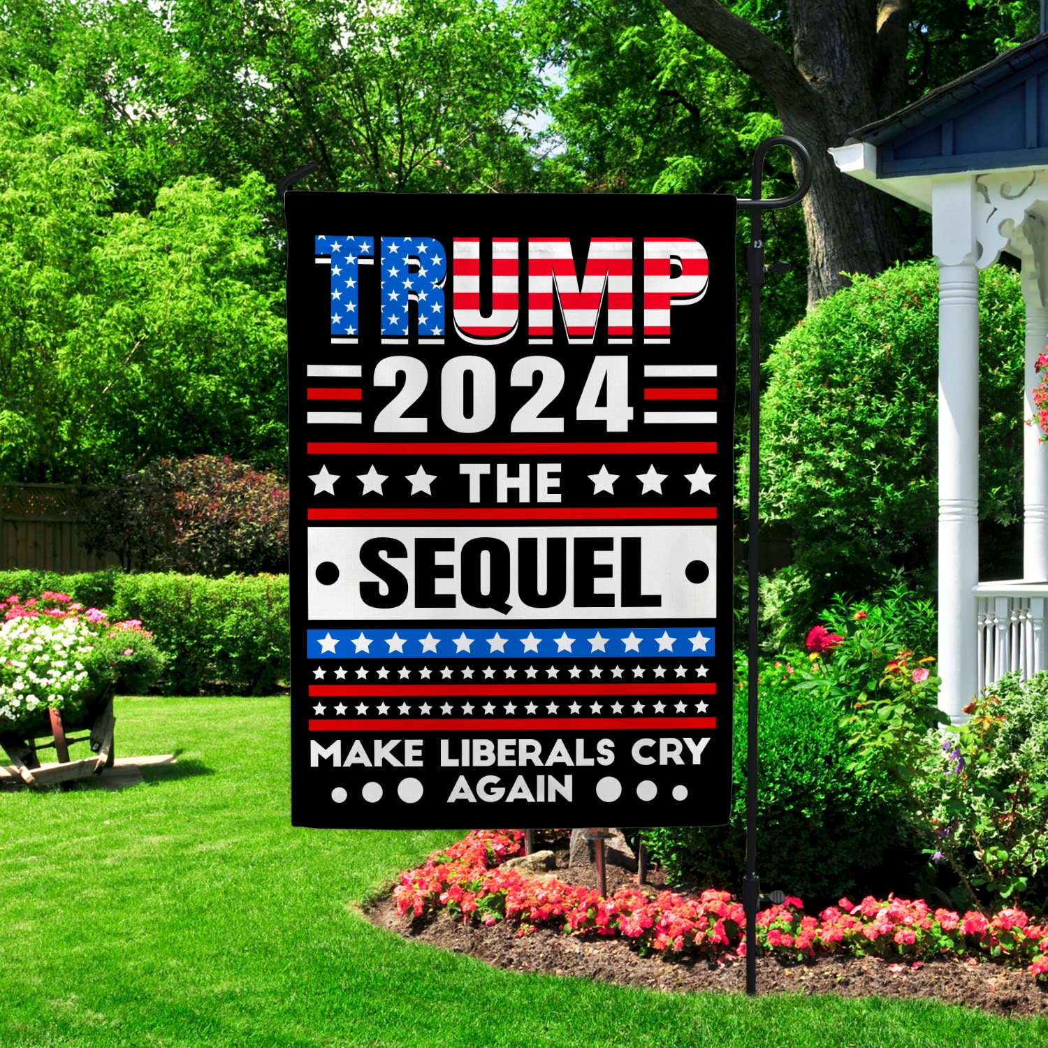 52 HG UU TIEN. Trump 2024 The Sequel Flag (6) Garden Flag Mockup 2