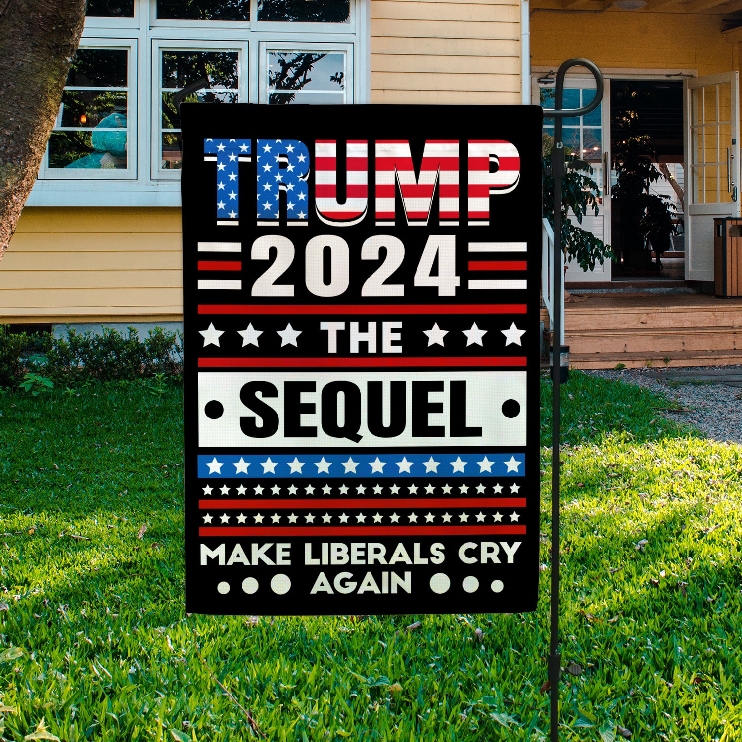 52 HG UU TIEN. Trump 2024 The Sequel Flag (6) Garden Flag Mockup 3