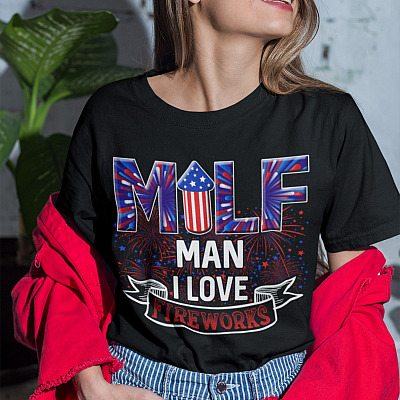 Alternative view of Milf Man I Love Fireworks Funny American Patriotic 4th of July T-Shirt - V-Neck Tee
