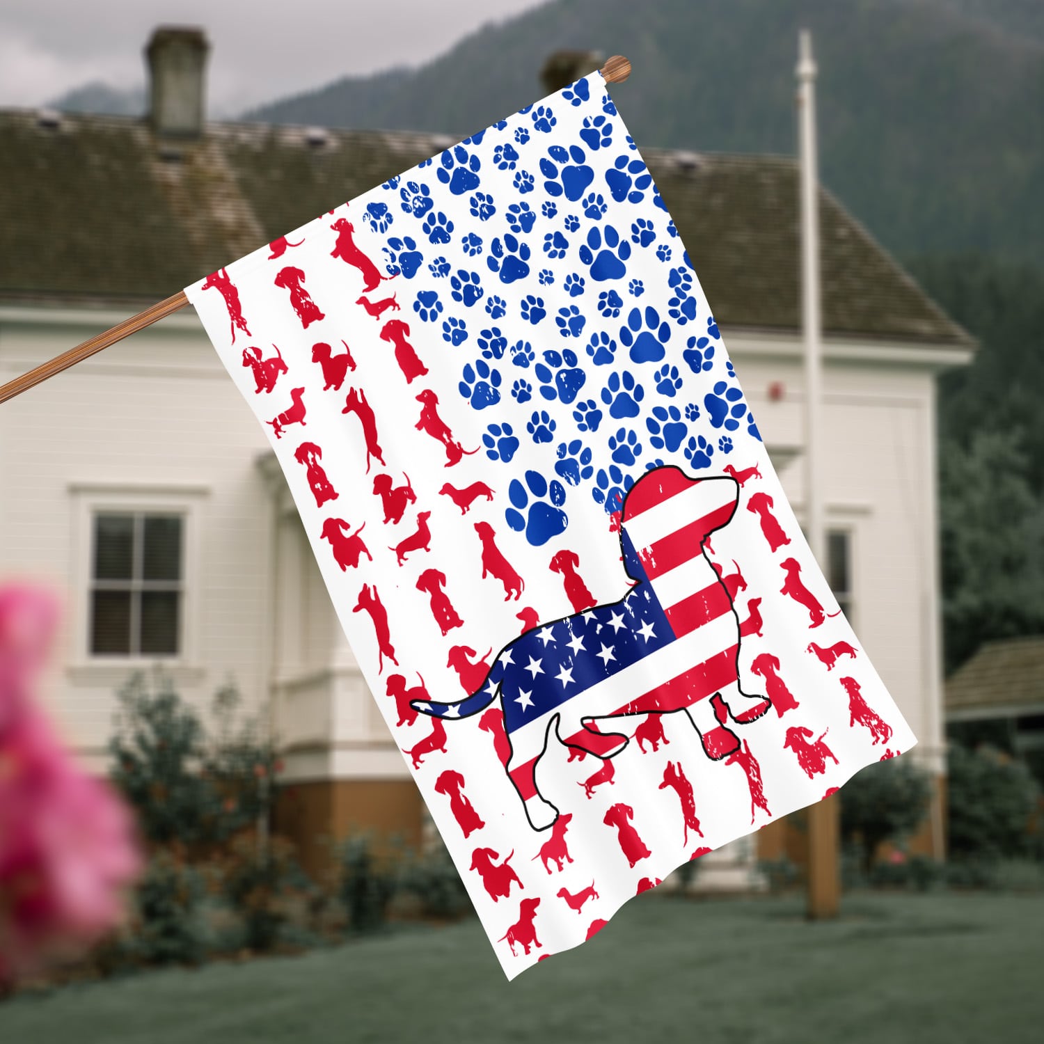 11VT. Dachshund 4th Of July Flag House Flag Mockup 4