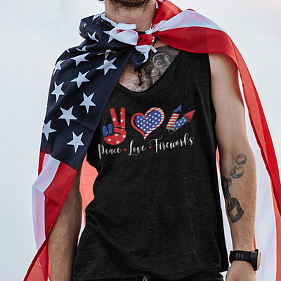 Alternative view of Peace Love Fireworks Funny 4th Of July Cotton Tank Top Tee - Fourth Of July Ladies Racerback Tank