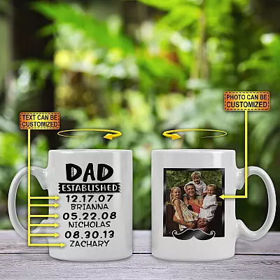 Personalized Photo Dad Established Double-Sided Ceramic Coffee Mug - Beer Stein - Water Bottle