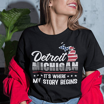 Alternative view of Detroit Michigan It's Where My Story Begins Happy 4th Of July T-shirt - V-Neck Tee