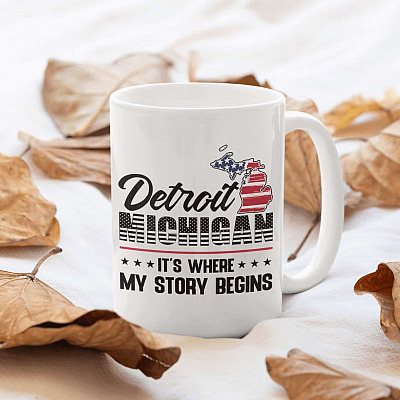 Alternative view of Detroit Michigan It's Where My Story Begins Happy 4th Of July Ceramic Coffee Mug - Beer Stein