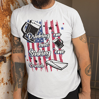 Alternative view of Drinking 'Em Sinking 'Em Cornhole Bright T-Shirt - Funny 4th of July Shirt