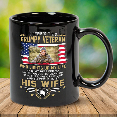Personalized Photo There's This Grumpy Veteran Who Lights Up My Life Veteran Wife Ceramic Coffee Mug