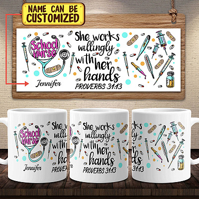 Alternative view of Personalized School Nurse She Works Willingly with Her Hands Ceramic Coffee Mug - Color Changing Mug