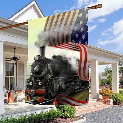 Train American Flag Vintage Decor 4th of July Decorations Outdoor - Outdoor Decorative Garden Flag - House Flag