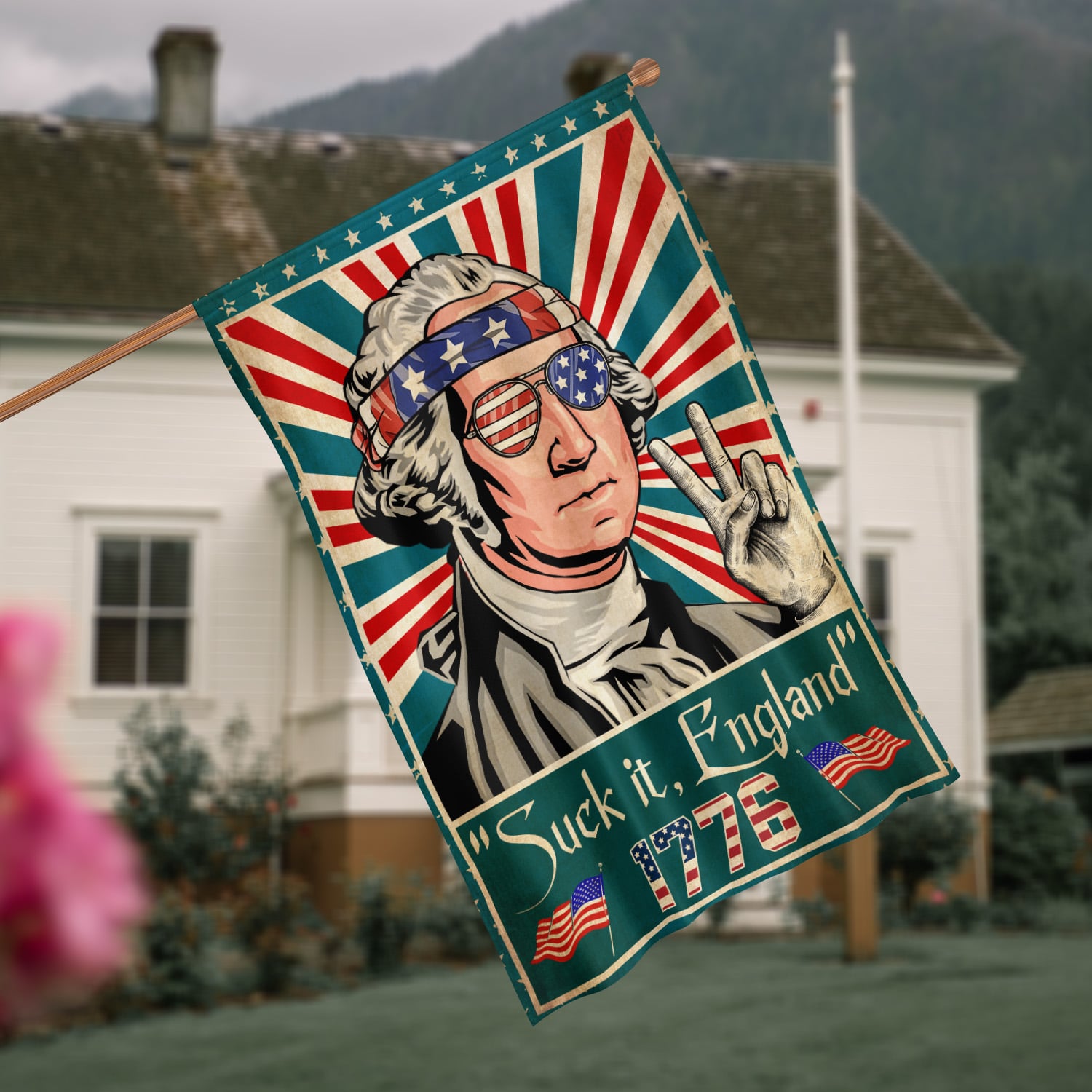 5KT. Suck it, England 1776 copy House Flag Mockup 4