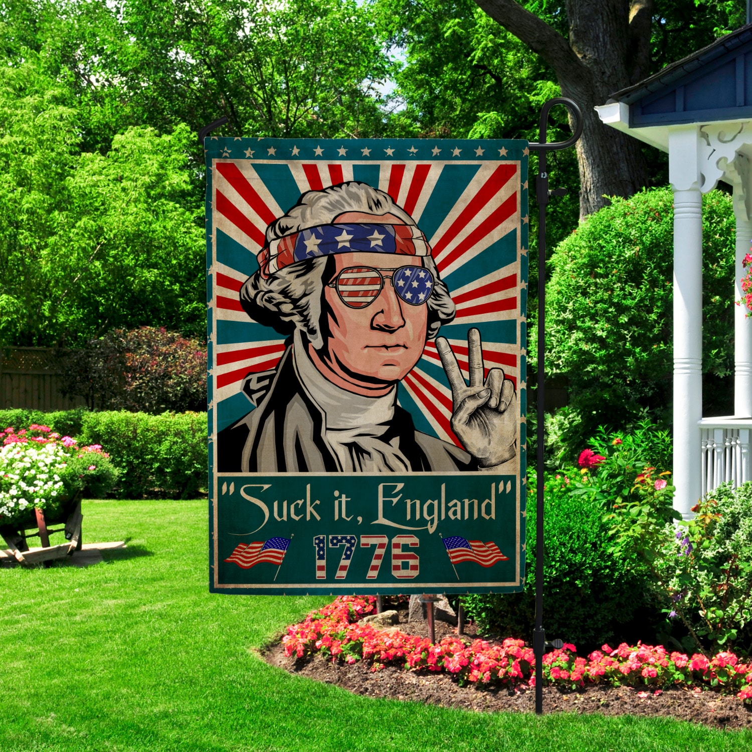 5KT. Suck it, England 1776 copy Garden Flag Mockup 2