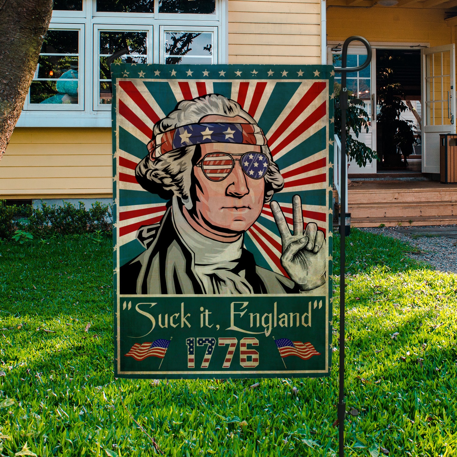 5KT. Suck it, England 1776 copy Garden Flag Mockup 3