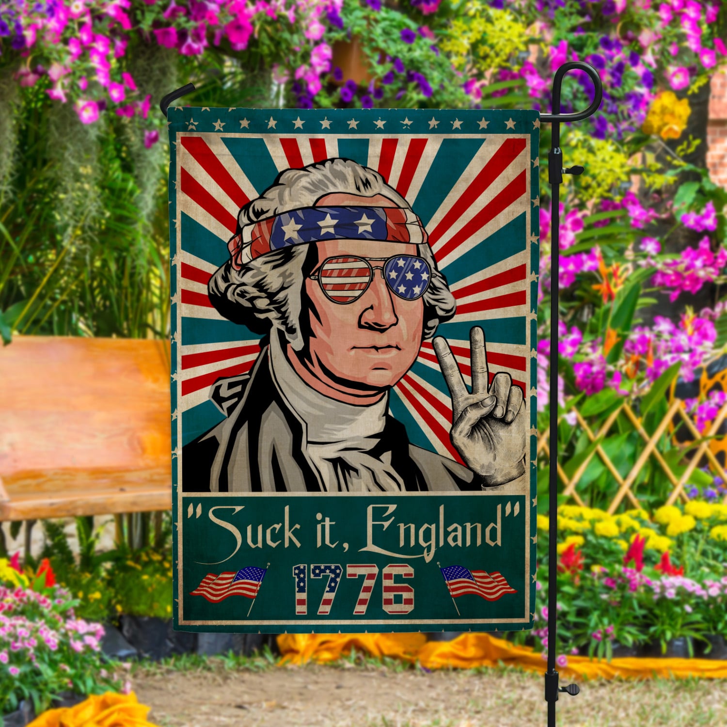 5KT. Suck it, England 1776 copy Garden Flag Mockup 4
