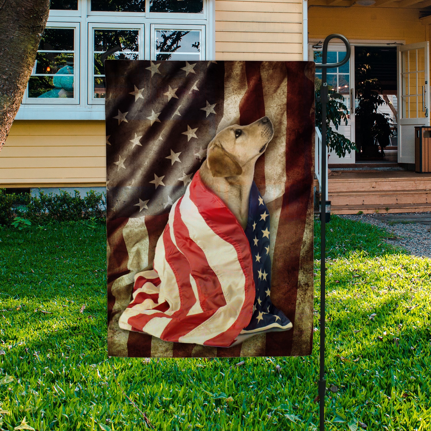 3LV. Dog and Flag 4th July-2 Garden Flag Mockup 3