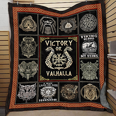Victory Or Valhalla Viking Fleece Blanket - Norse Viking Premium Mink Sherpa Blanket - Woven Blanket