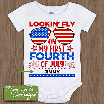 Alternative view of Custom Baby Name Lookin' Fly On My First Fourth Of July Onesie - Personalized Baby Name Bodysuit