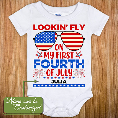 Custom Baby Name Lookin' Fly On My First Fourth Of July Onesie - Personalized Baby Name Bodysuit