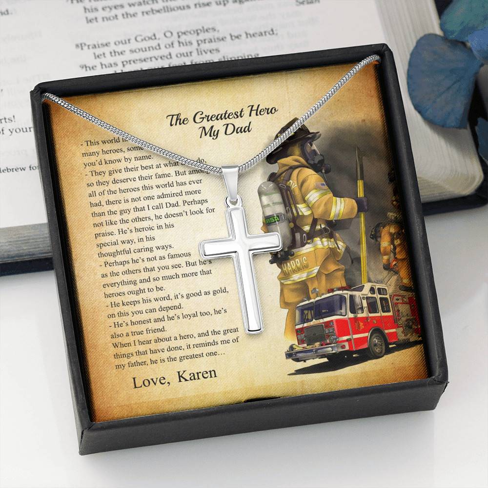 Personalized The Greatest Hero My Dad Firefighter Cross Pendant Necklace - Custom Gift For Firefighter Dad