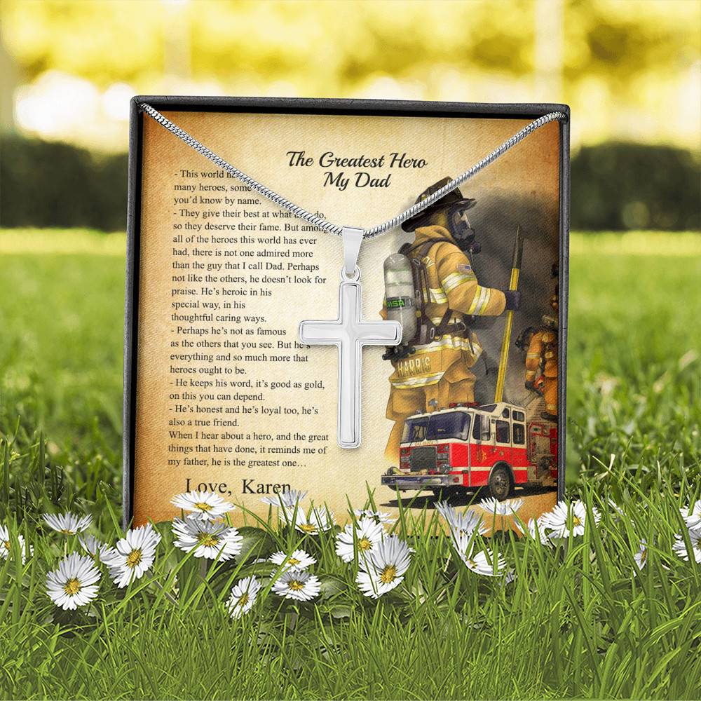 Personalized The Greatest Hero My Dad Firefighter Cross Pendant Necklace - Custom Gift For Firefighter Dad
