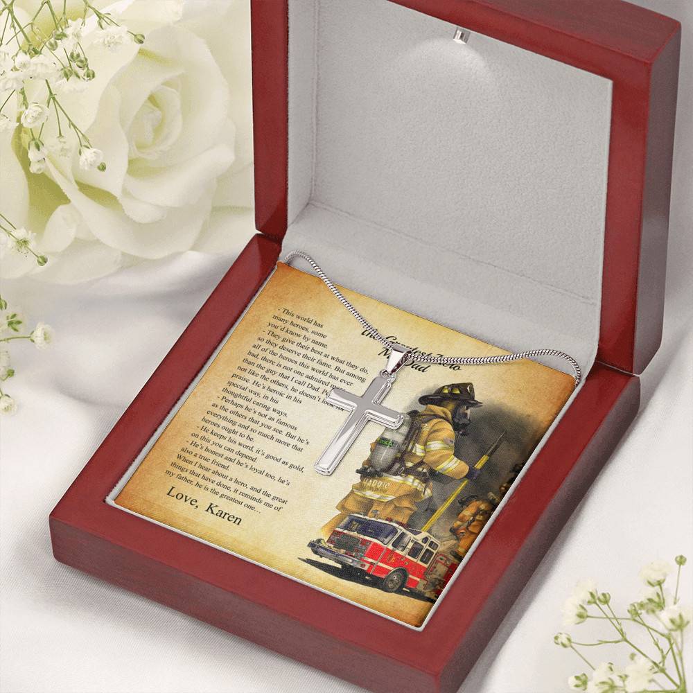 Personalized The Greatest Hero My Dad Firefighter Cross Pendant Necklace - Custom Gift For Firefighter Dad
