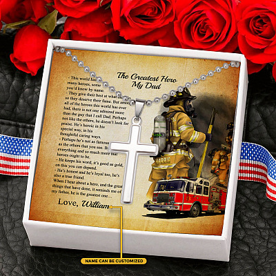 Personalized The Greatest Hero My Dad Firefighter Cross Pendant Necklace - Custom Gift For Firefighter Dad