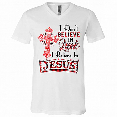 I Don't Believe In Luck I, White, V-Neck T-Shirt