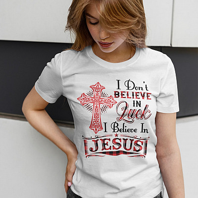 Alternative view of I Don't Believe In Luck I Believe In Jesus Red Plaid T-Shirt - Jesus Cross Shirt - Jesus Lover Shirt