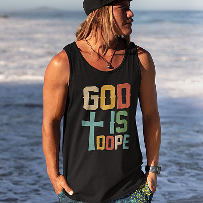 Alternative view of God Is Dope Retro Vintage Cotton Tank Top Tee - Ladies Racerback Tan - Jesus Is Dope Tank Top