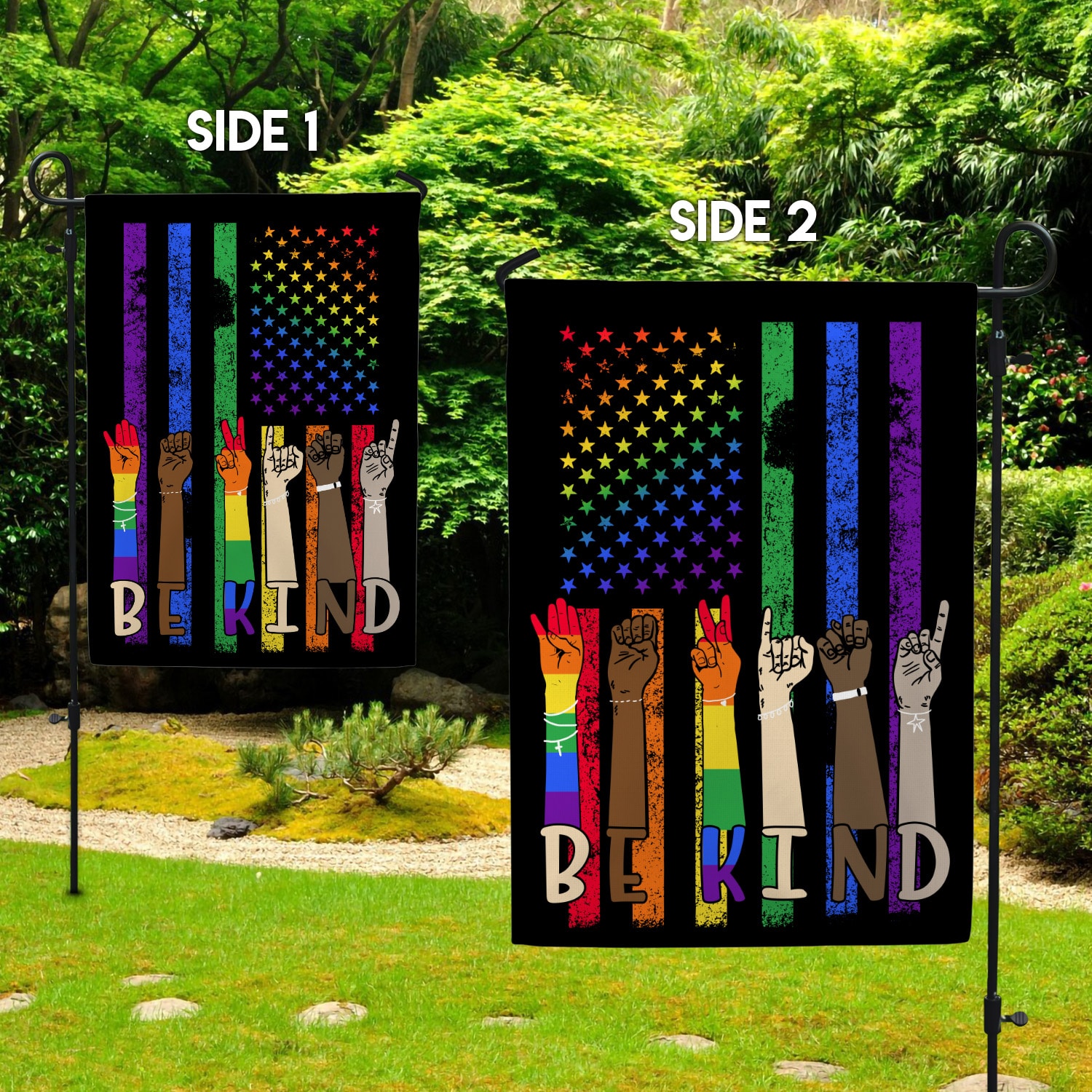 3VT. Be Kind LGBT Flag (6) Garden Flag Mockup 2 Side