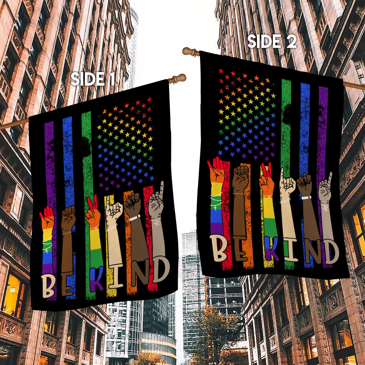 3VT. Be Kind LGBT Flag (6) House Flag Mockup 2 Side-1
