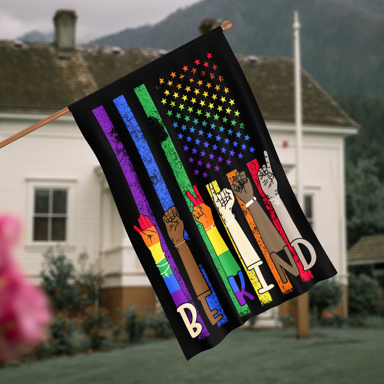 3VT. Be Kind LGBT Flag (6) House Flag Mockup 4