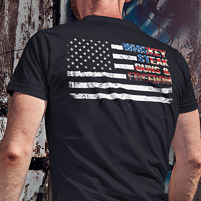 Alternative view of Whiskey Steak Guns Freedom American Flag Print On Back Plain Front T-Shirt - Pro Trump Pro Guns Shirt