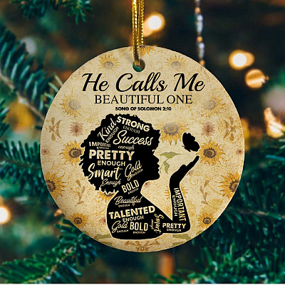 Alternative view of He Calls Me Beautiful One Song Of Solomon 2:10 Afro Decorative Holiday Flat Circle Ornament