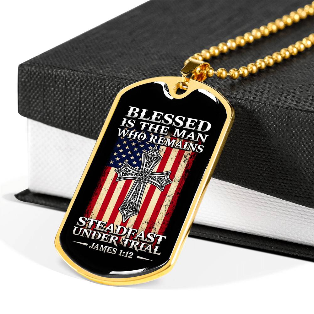 Blessed Is the Man Who Remains Steadfast Under Trial American Flag Cross Dog Tag Pendant Necklace