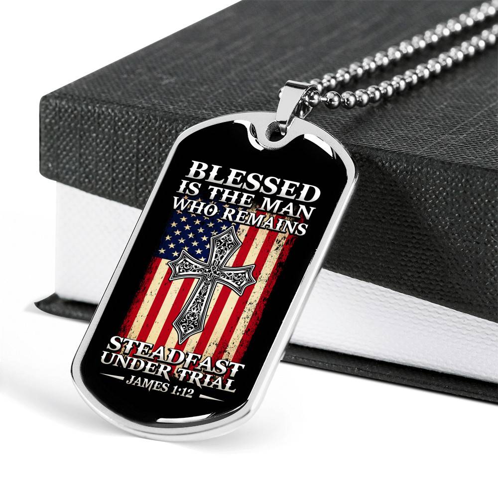 Blessed Is the Man Who Remains Steadfast Under Trial American Flag Cross Dog Tag Pendant Necklace