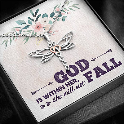 God is Within Her She Will Not Fall Dragonfly Pendant Necklace