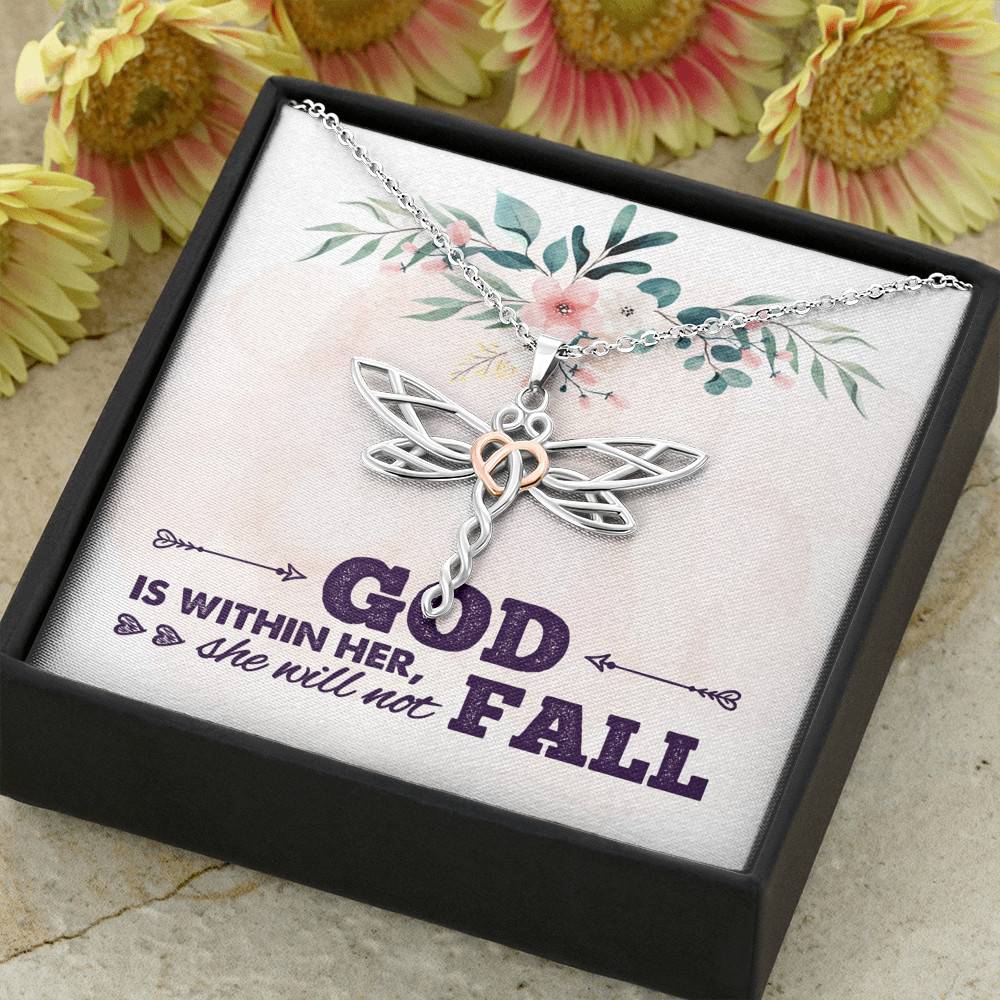 God is Within Her She Will Not Fall Dragonfly Pendant Necklace God is Within Her She Will Not Fall Dragonfly Pendant Necklace