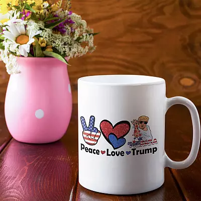 Alternative view of Peace Love Trump Funny Fourth of July Coffee Mug - Beer Stein - Water Bottle - Color Changing Mug